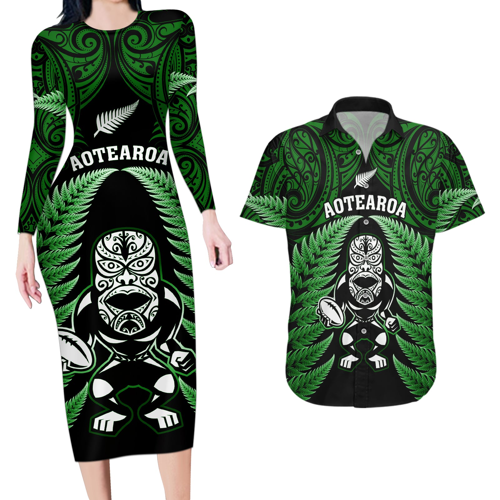 New Zealand Aotearoa Rugby Couples Matching Long Sleeve Bodycon Dress and Hawaiian Shirt NZ Tiki With Maori Fern World Cup Green Version LT14 Green - Polynesian Pride