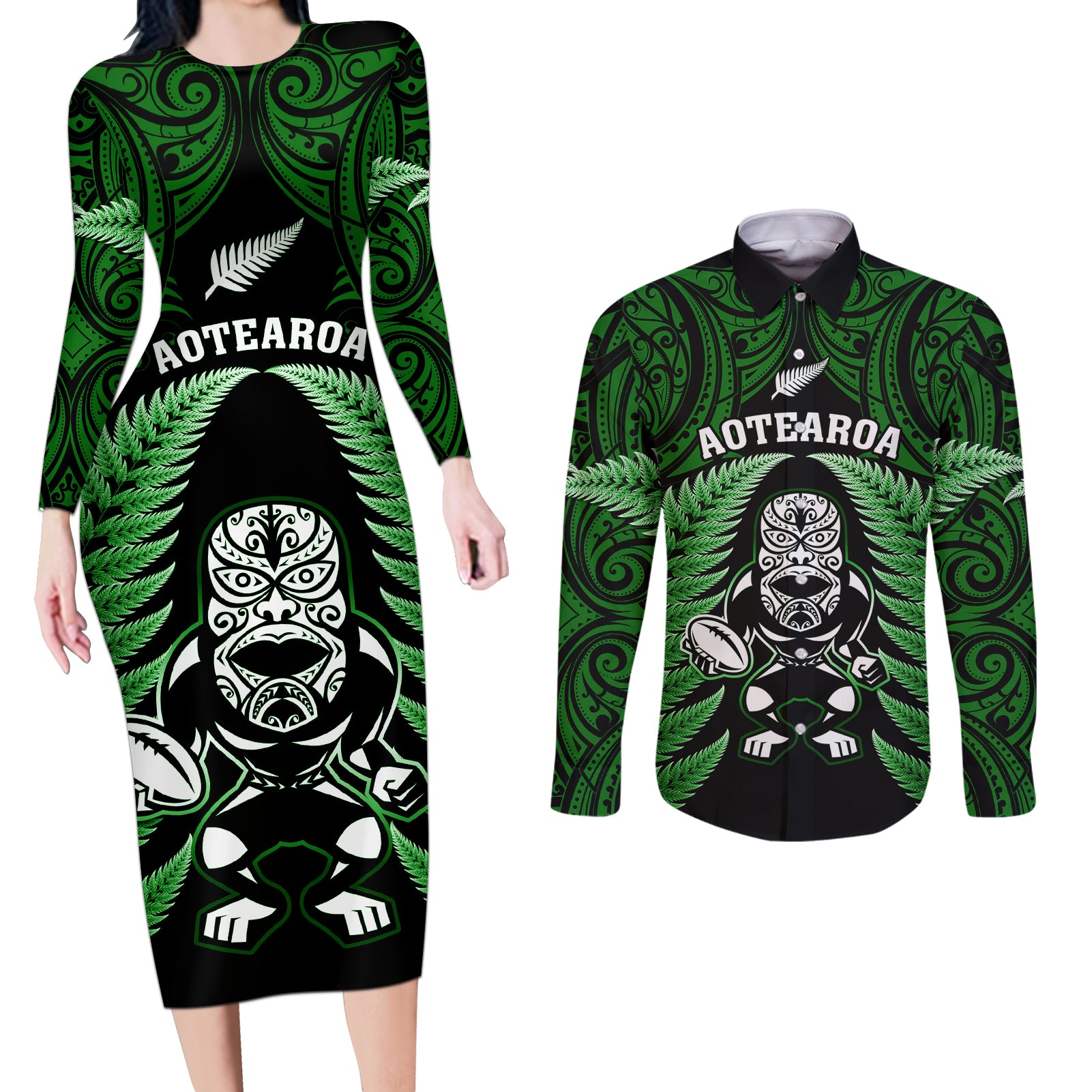 New Zealand Aotearoa Rugby Couples Matching Long Sleeve Bodycon Dress and Long Sleeve Button Shirts NZ Tiki With Maori Fern World Cup Green Version LT14 Green - Polynesian Pride