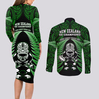 New Zealand Aotearoa Rugby Couples Matching Long Sleeve Bodycon Dress and Long Sleeve Button Shirts NZ Tiki With Maori Fern World Cup Green Version LT14 - Polynesian Pride