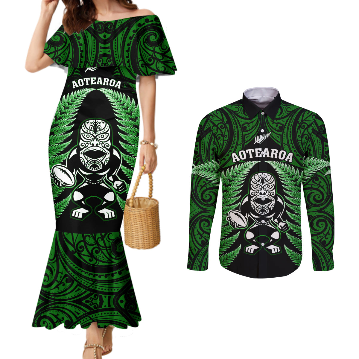 New Zealand Aotearoa Rugby Couples Matching Mermaid Dress and Long Sleeve Button Shirts NZ Tiki With Maori Fern World Cup Green Version LT14 Green - Polynesian Pride