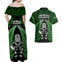 New Zealand Aotearoa Rugby Couples Matching Off Shoulder Maxi Dress and Hawaiian Shirt NZ Tiki With Maori Fern World Cup Green Version LT14 - Polynesian Pride