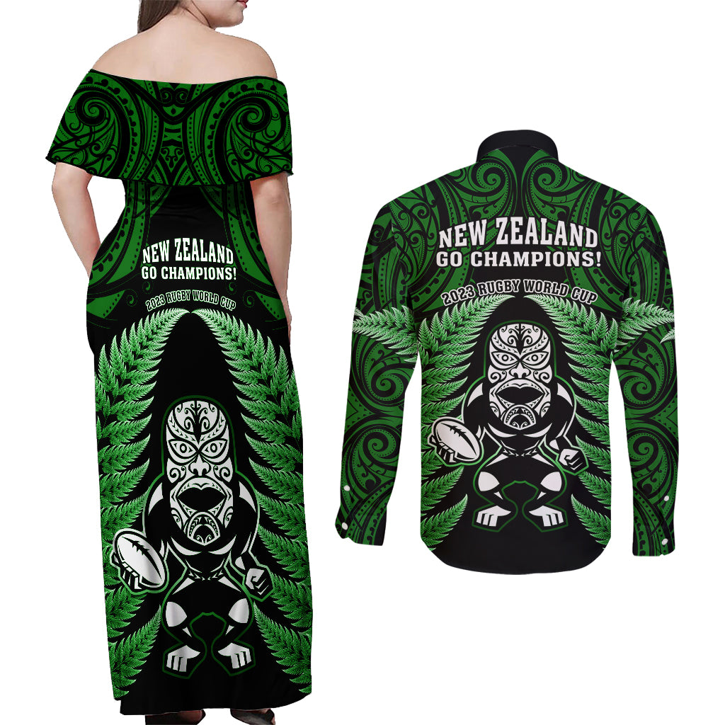 New Zealand Aotearoa Rugby Couples Matching Off Shoulder Maxi Dress and Long Sleeve Button Shirts NZ Tiki With Maori Fern World Cup Green Version LT14 - Polynesian Pride