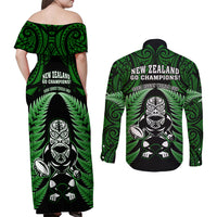 New Zealand Aotearoa Rugby Couples Matching Off Shoulder Maxi Dress and Long Sleeve Button Shirts NZ Tiki With Maori Fern World Cup Green Version LT14 - Polynesian Pride