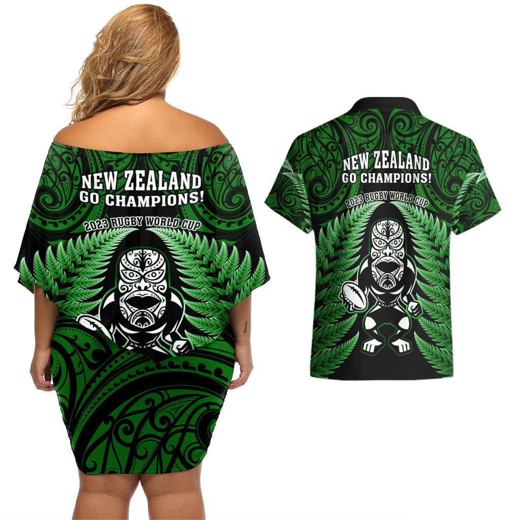New Zealand Aotearoa Rugby Couples Matching Off Shoulder Short Dress and Hawaiian Shirt NZ Tiki With Maori Fern World Cup Green Version LT14 - Polynesian Pride