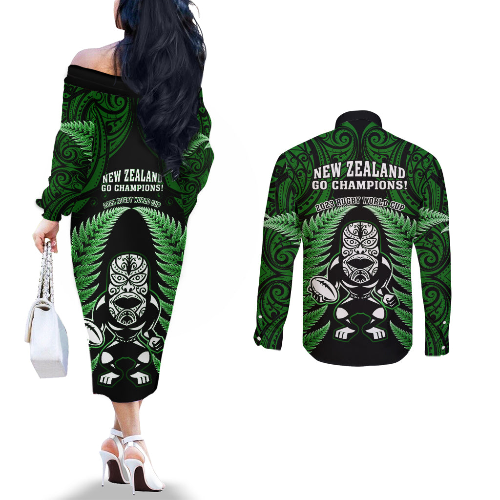 New Zealand Aotearoa Rugby Couples Matching Off The Shoulder Long Sleeve Dress and Long Sleeve Button Shirts NZ Tiki With Maori Fern World Cup Green Version LT14 - Polynesian Pride