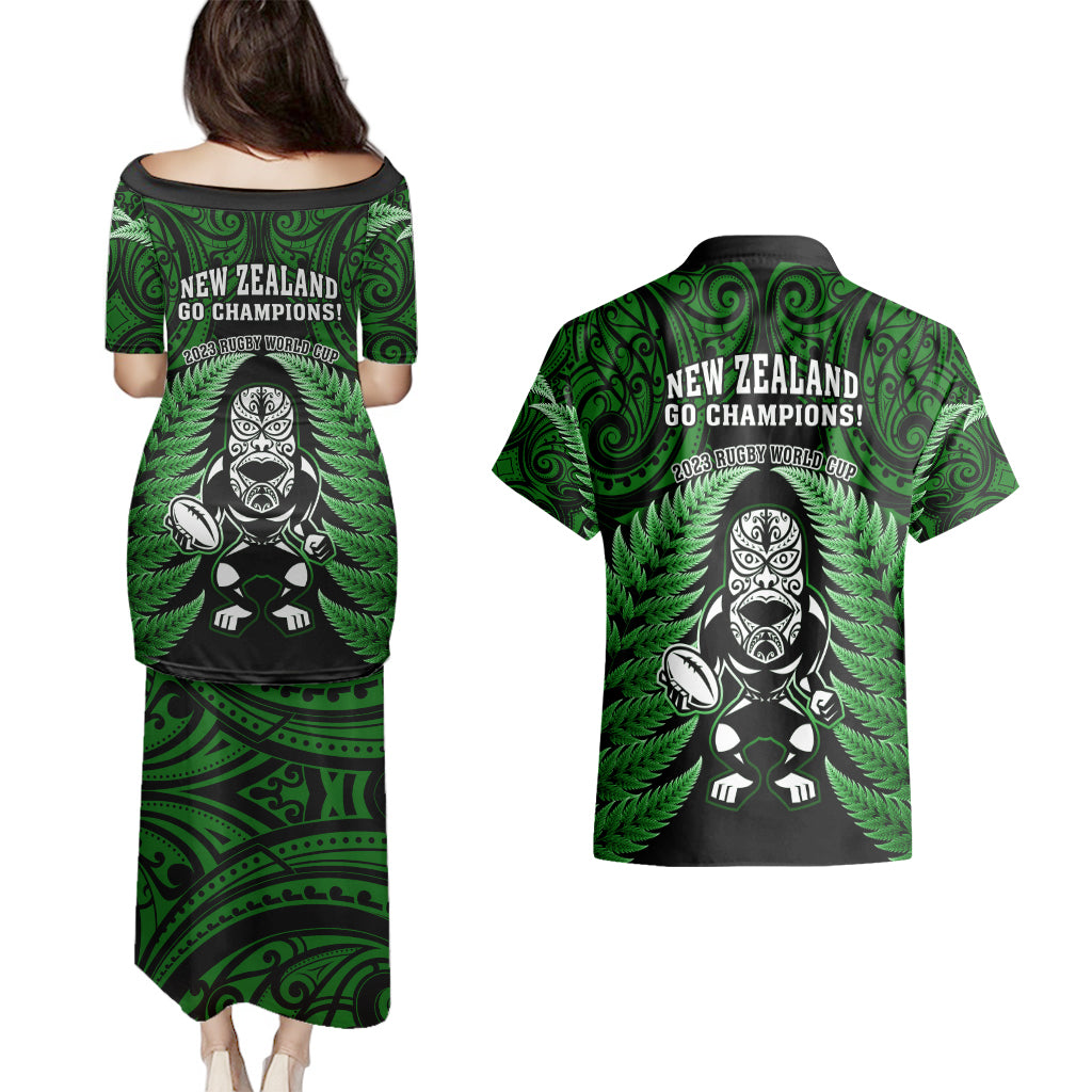 New Zealand Aotearoa Rugby Couples Matching Puletasi Dress and Hawaiian Shirt NZ Tiki With Maori Fern World Cup Green Version LT14 - Polynesian Pride