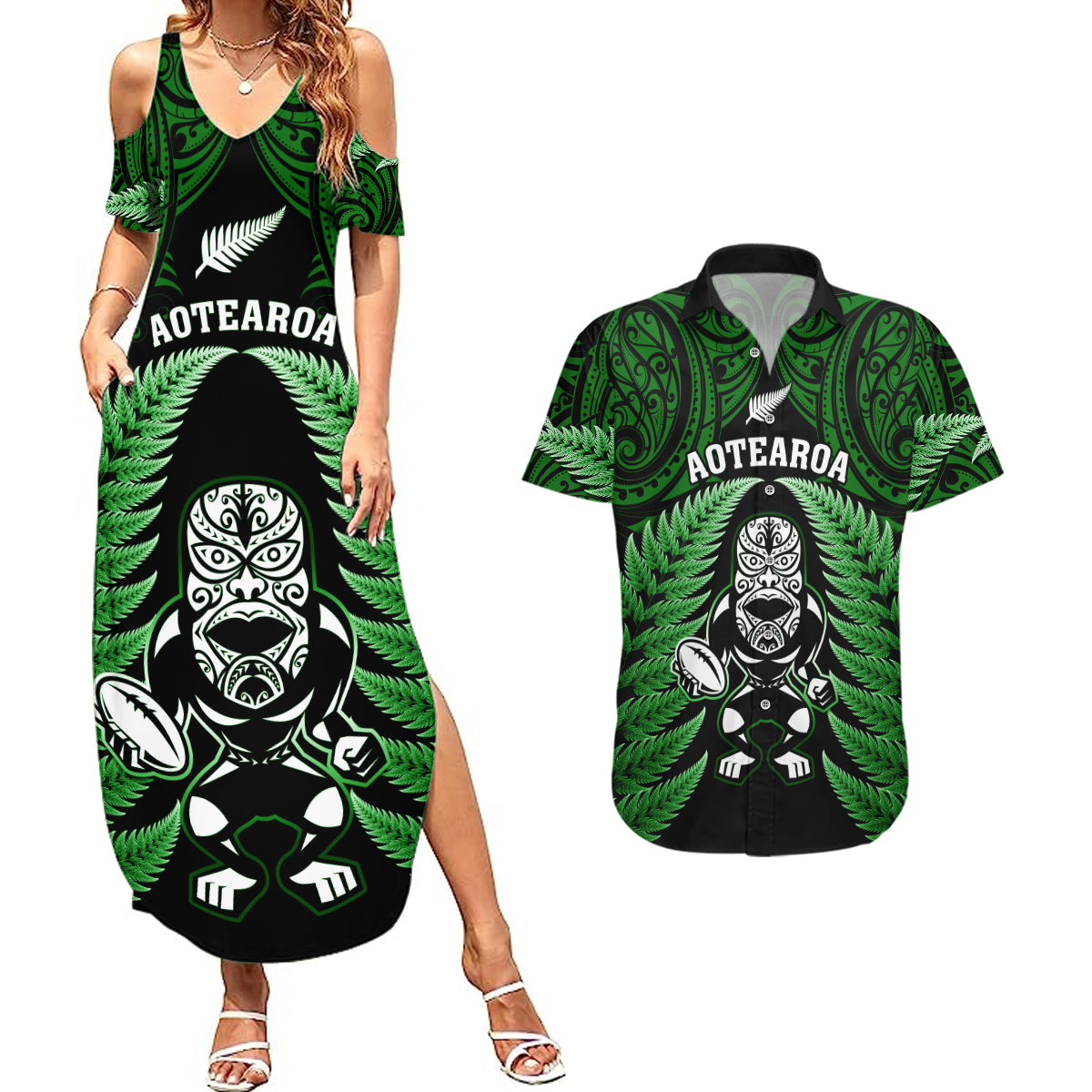 New Zealand Aotearoa Rugby Couples Matching Summer Maxi Dress and Hawaiian Shirt NZ Tiki With Maori Fern World Cup Green Version LT14 Green - Polynesian Pride