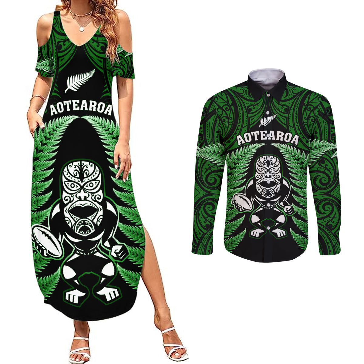 New Zealand Aotearoa Rugby Couples Matching Summer Maxi Dress and Long Sleeve Button Shirts NZ Tiki With Maori Fern World Cup Green Version LT14 Green - Polynesian Pride