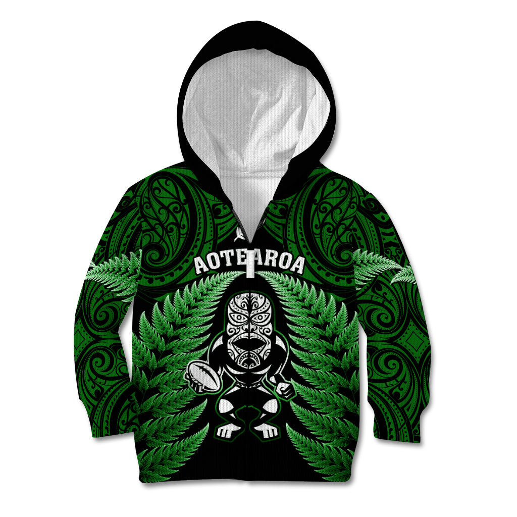 New Zealand Aotearoa Rugby Kid Hoodie NZ Tiki With Maori Fern World Cup Green Version LT14 Zip Hoodie Green - Polynesian Pride