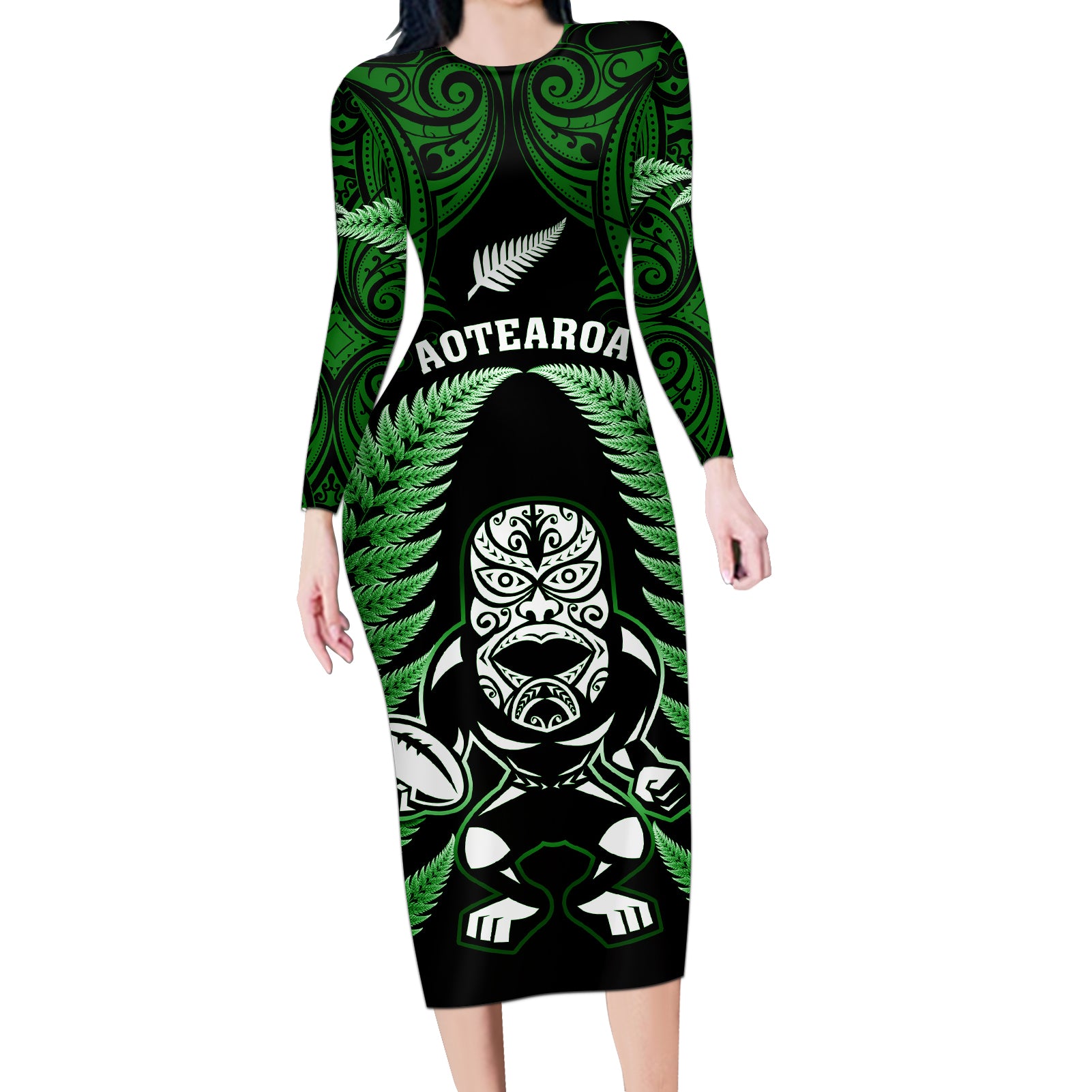 New Zealand Aotearoa Rugby Long Sleeve Bodycon Dress NZ Tiki With Maori Fern World Cup Green Version LT14 Long Dress Green - Polynesian Pride