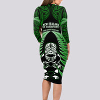 New Zealand Aotearoa Rugby Long Sleeve Bodycon Dress NZ Tiki With Maori Fern World Cup Green Version LT14 - Polynesian Pride