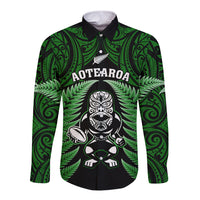 New Zealand Aotearoa Rugby Long Sleeve Button Shirt NZ Tiki With Maori Fern World Cup Green Version LT14 Unisex Green - Polynesian Pride