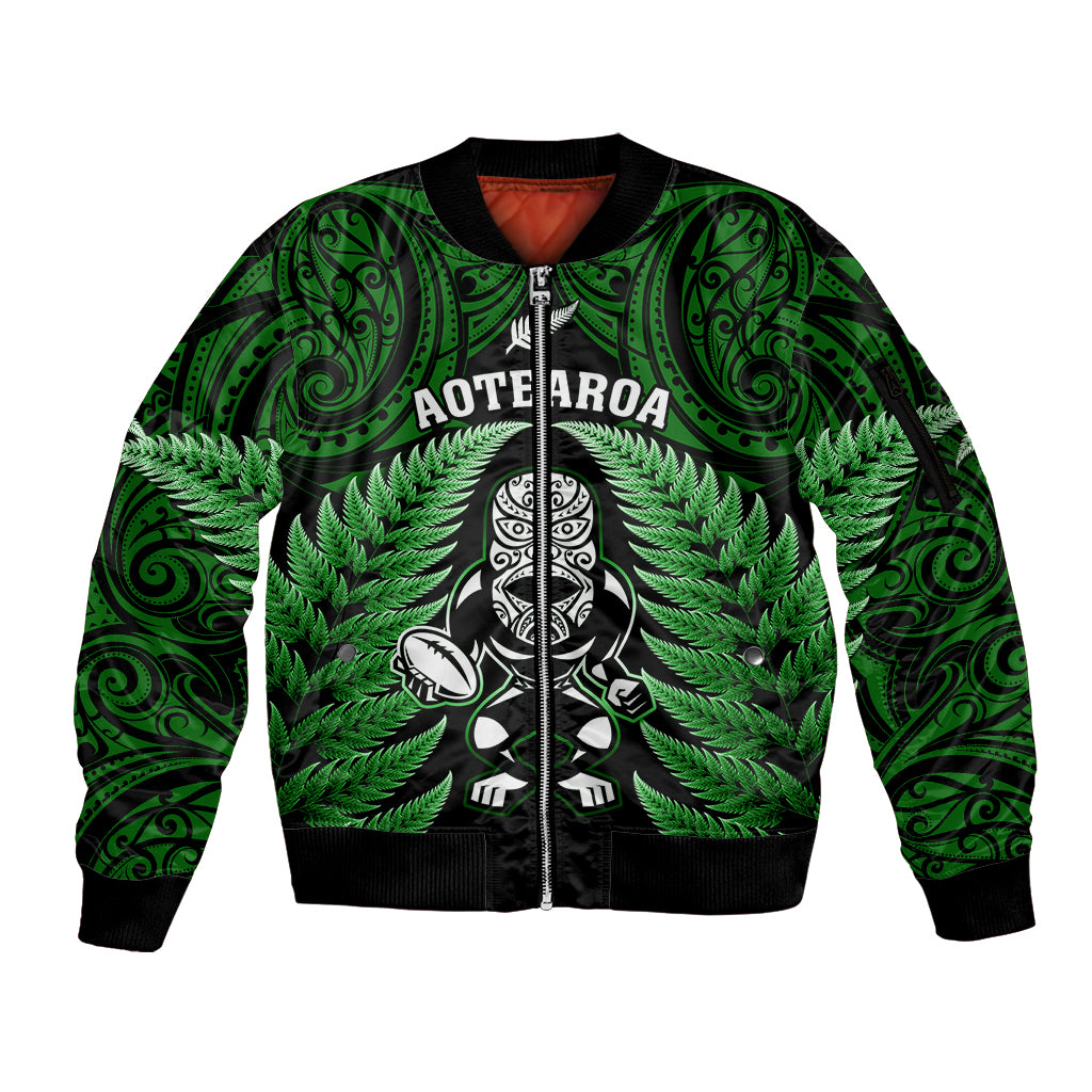New Zealand Aotearoa Rugby Sleeve Zip Bomber Jacket NZ Tiki With Maori Fern World Cup Green Version LT14 Unisex Green - Polynesian Pride
