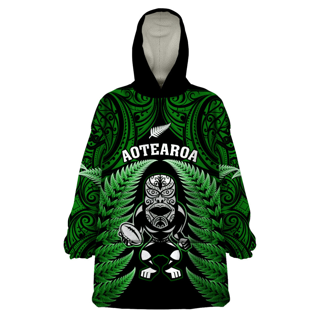 New Zealand Aotearoa Rugby Wearable Blanket Hoodie NZ Tiki With Maori Fern World Cup Green Version LT14 One Size Green - Polynesian Pride