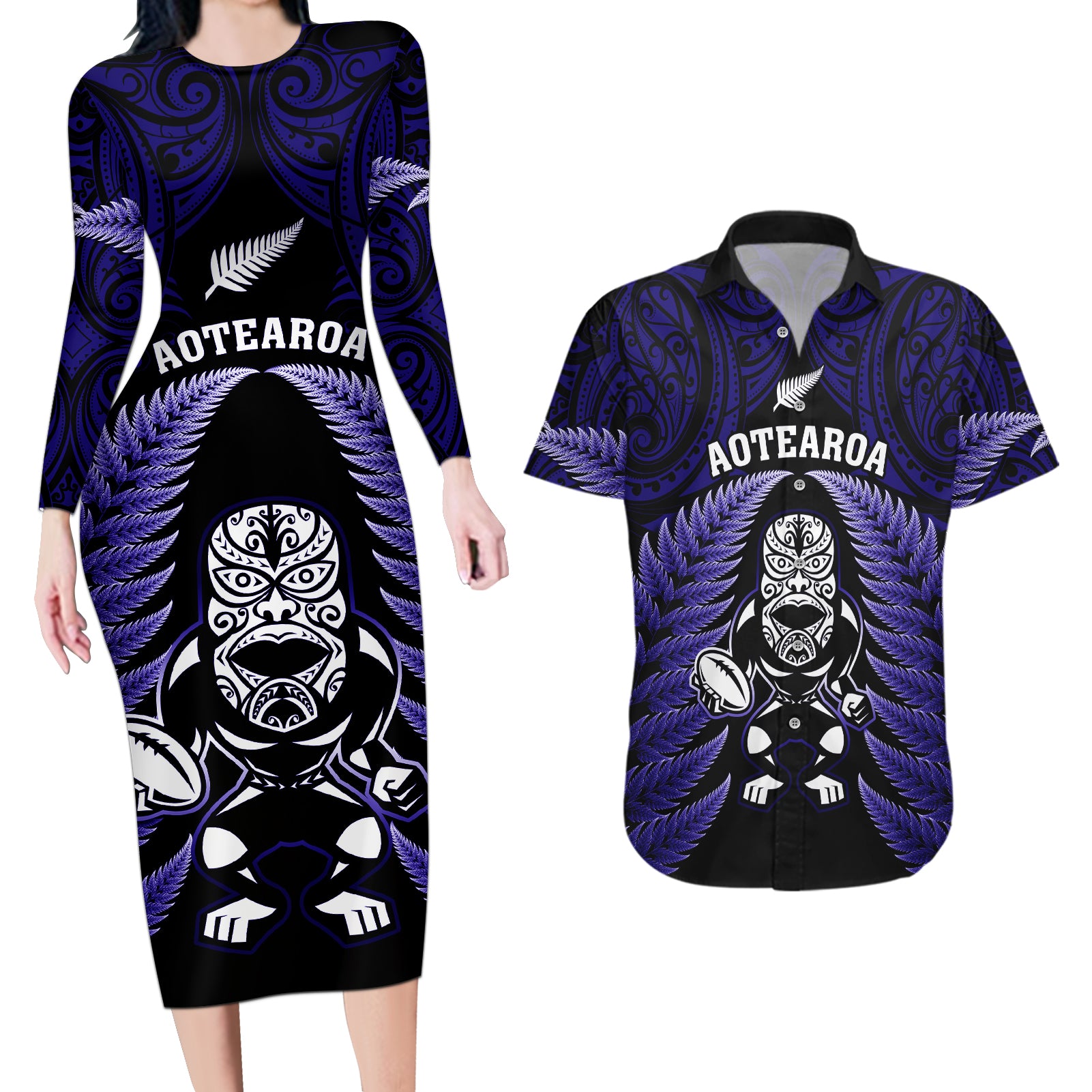 New Zealand Aotearoa Rugby Couples Matching Long Sleeve Bodycon Dress and Hawaiian Shirt NZ Tiki With Maori Fern World Cup Blue Version LT14 Blue - Polynesian Pride