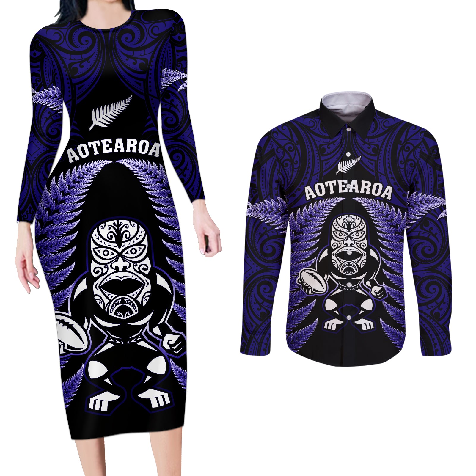 New Zealand Aotearoa Rugby Couples Matching Long Sleeve Bodycon Dress and Long Sleeve Button Shirts NZ Tiki With Maori Fern World Cup Blue Version LT14 Blue - Polynesian Pride