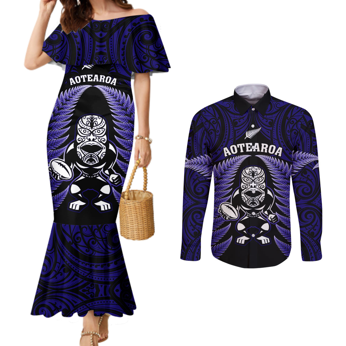 New Zealand Aotearoa Rugby Couples Matching Mermaid Dress and Long Sleeve Button Shirts NZ Tiki With Maori Fern World Cup Blue Version LT14 Blue - Polynesian Pride