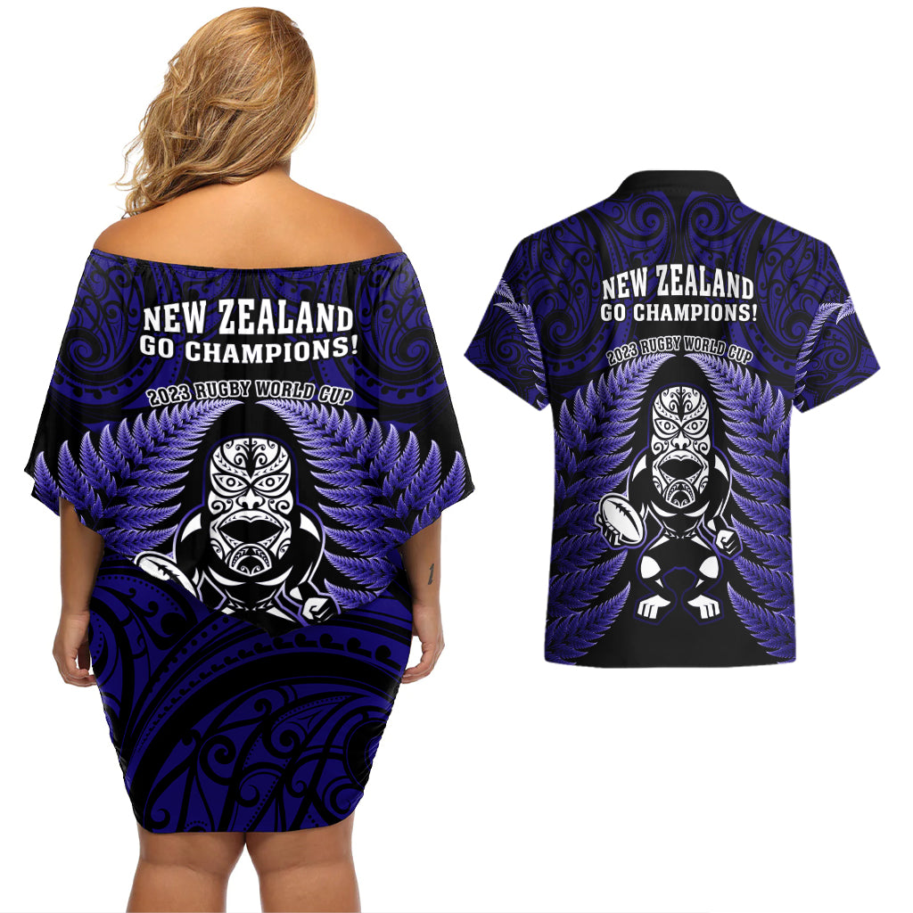 New Zealand Aotearoa Rugby Couples Matching Off Shoulder Short Dress and Hawaiian Shirt NZ Tiki With Maori Fern World Cup Blue Version LT14 - Polynesian Pride