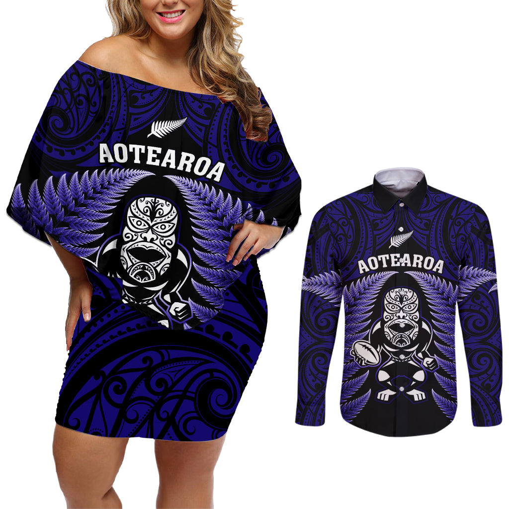 New Zealand Aotearoa Rugby Couples Matching Off Shoulder Short Dress and Long Sleeve Button Shirts NZ Tiki With Maori Fern World Cup Blue Version LT14 Blue - Polynesian Pride
