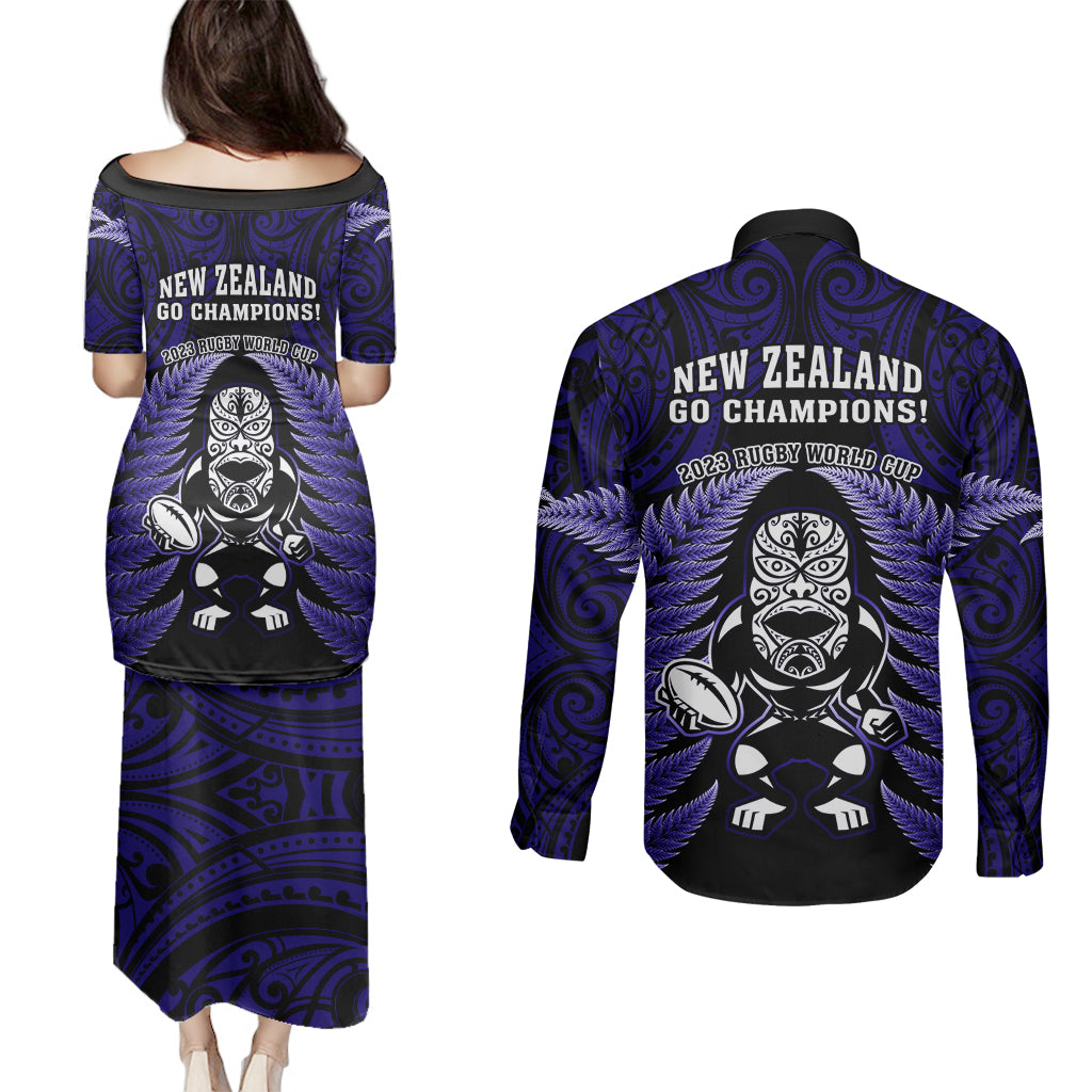 New Zealand Aotearoa Rugby Couples Matching Puletasi Dress and Long Sleeve Button Shirts NZ Tiki With Maori Fern World Cup Blue Version LT14 - Polynesian Pride