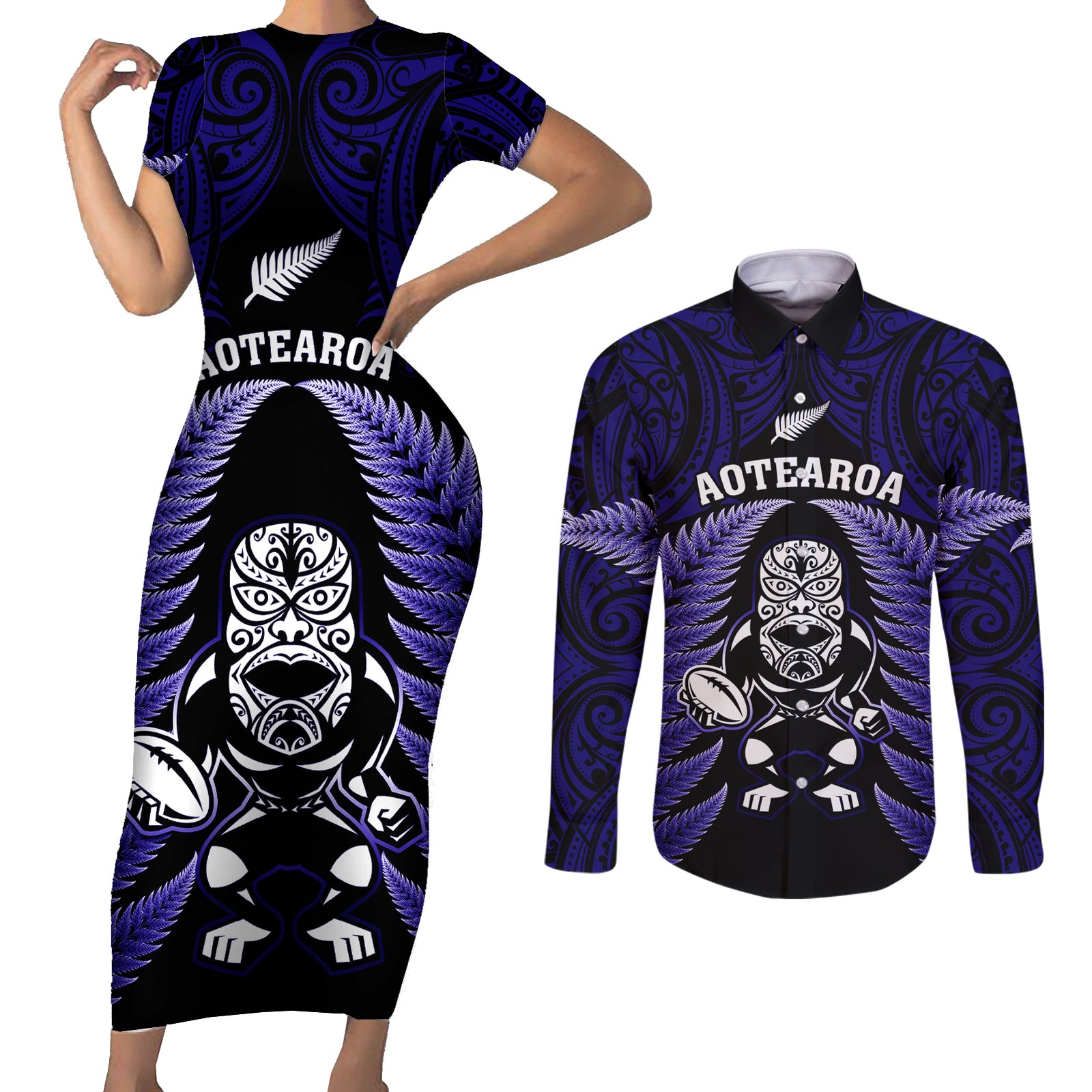 New Zealand Aotearoa Rugby Couples Matching Short Sleeve Bodycon Dress and Long Sleeve Button Shirts NZ Tiki With Maori Fern World Cup Blue Version LT14 Blue - Polynesian Pride