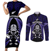 New Zealand Aotearoa Rugby Couples Matching Short Sleeve Bodycon Dress and Long Sleeve Button Shirts NZ Tiki With Maori Fern World Cup Blue Version LT14 Blue - Polynesian Pride