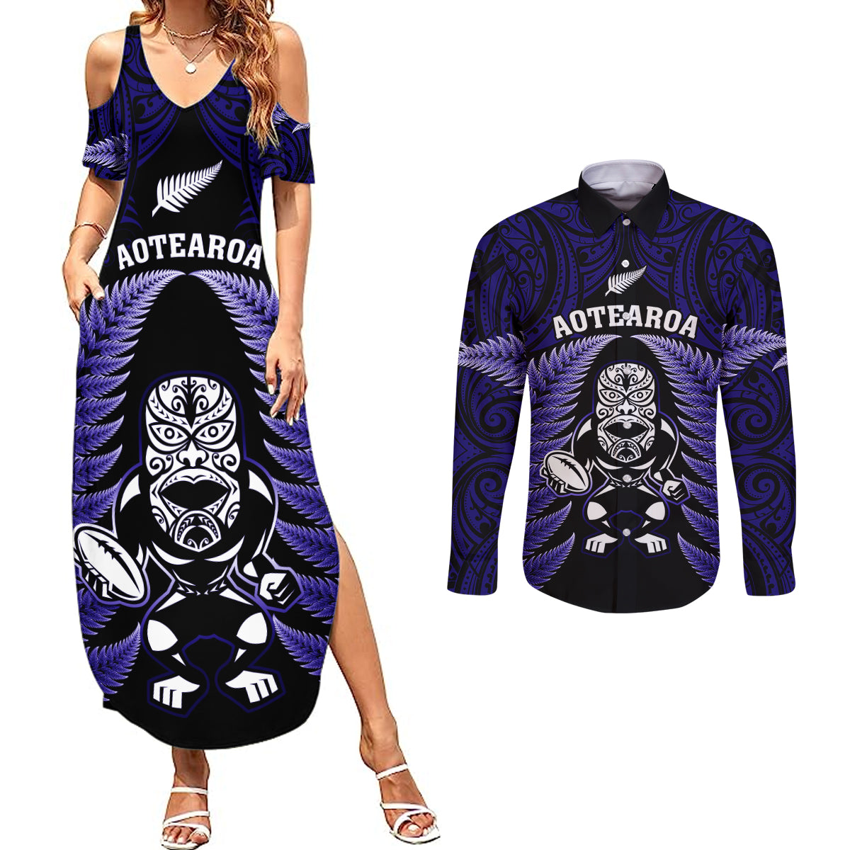 New Zealand Aotearoa Rugby Couples Matching Summer Maxi Dress and Long Sleeve Button Shirts NZ Tiki With Maori Fern World Cup Blue Version LT14 Blue - Polynesian Pride