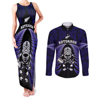 New Zealand Aotearoa Rugby Couples Matching Tank Maxi Dress and Long Sleeve Button Shirts NZ Tiki With Maori Fern World Cup Blue Version LT14 Blue - Polynesian Pride