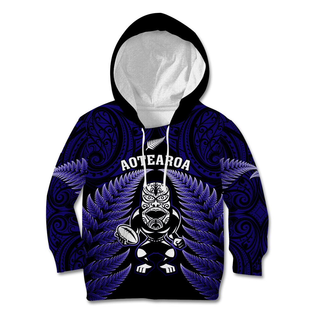 New Zealand Aotearoa Rugby Kid Hoodie NZ Tiki With Maori Fern World Cup Blue Version LT14 Hoodie Blue - Polynesian Pride