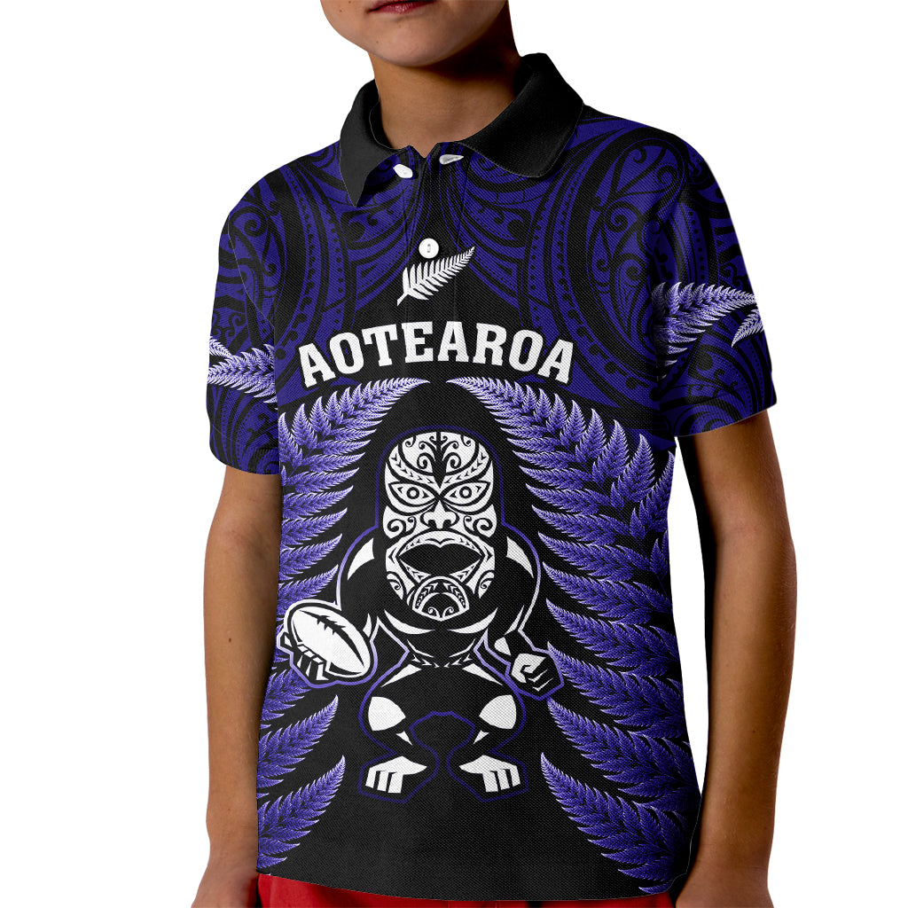 New Zealand Aotearoa Rugby Kid Polo Shirt NZ Tiki With Maori Fern World Cup Blue Version LT14 Kid Blue - Polynesian Pride