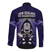 New Zealand Aotearoa Rugby Long Sleeve Button Shirt NZ Tiki With Maori Fern World Cup Blue Version LT14 - Polynesian Pride