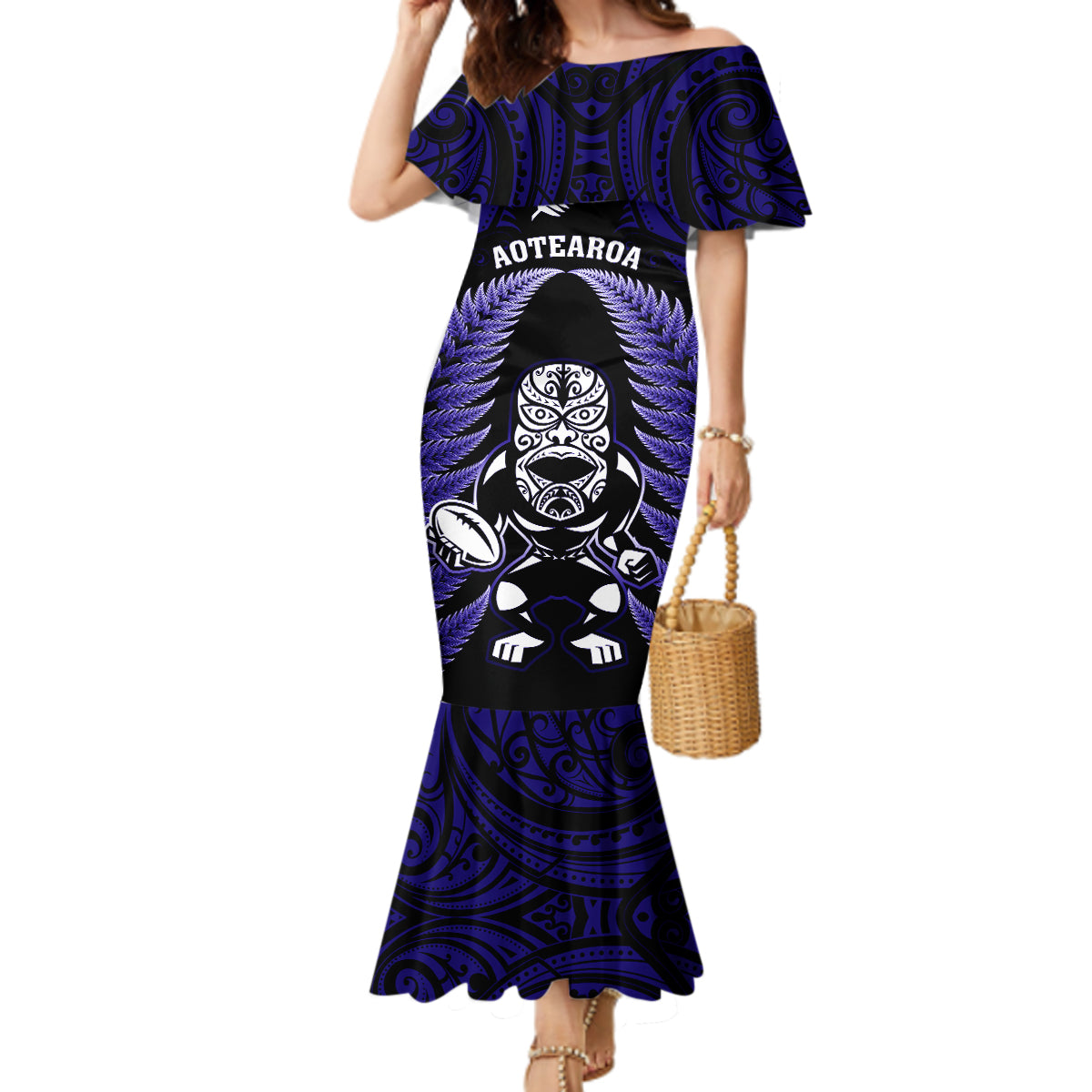 New Zealand Aotearoa Rugby Mermaid Dress NZ Tiki With Maori Fern World Cup Blue Version LT14 Women Blue - Polynesian Pride