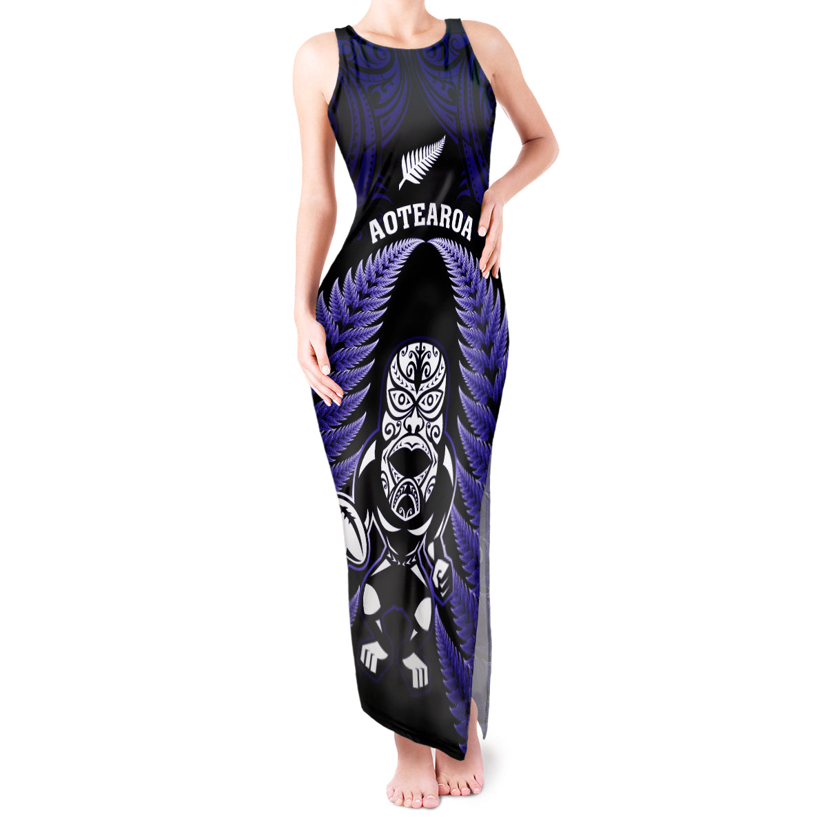 New Zealand Aotearoa Rugby Tank Maxi Dress NZ Tiki With Maori Fern World Cup Blue Version LT14 Women Blue - Polynesian Pride