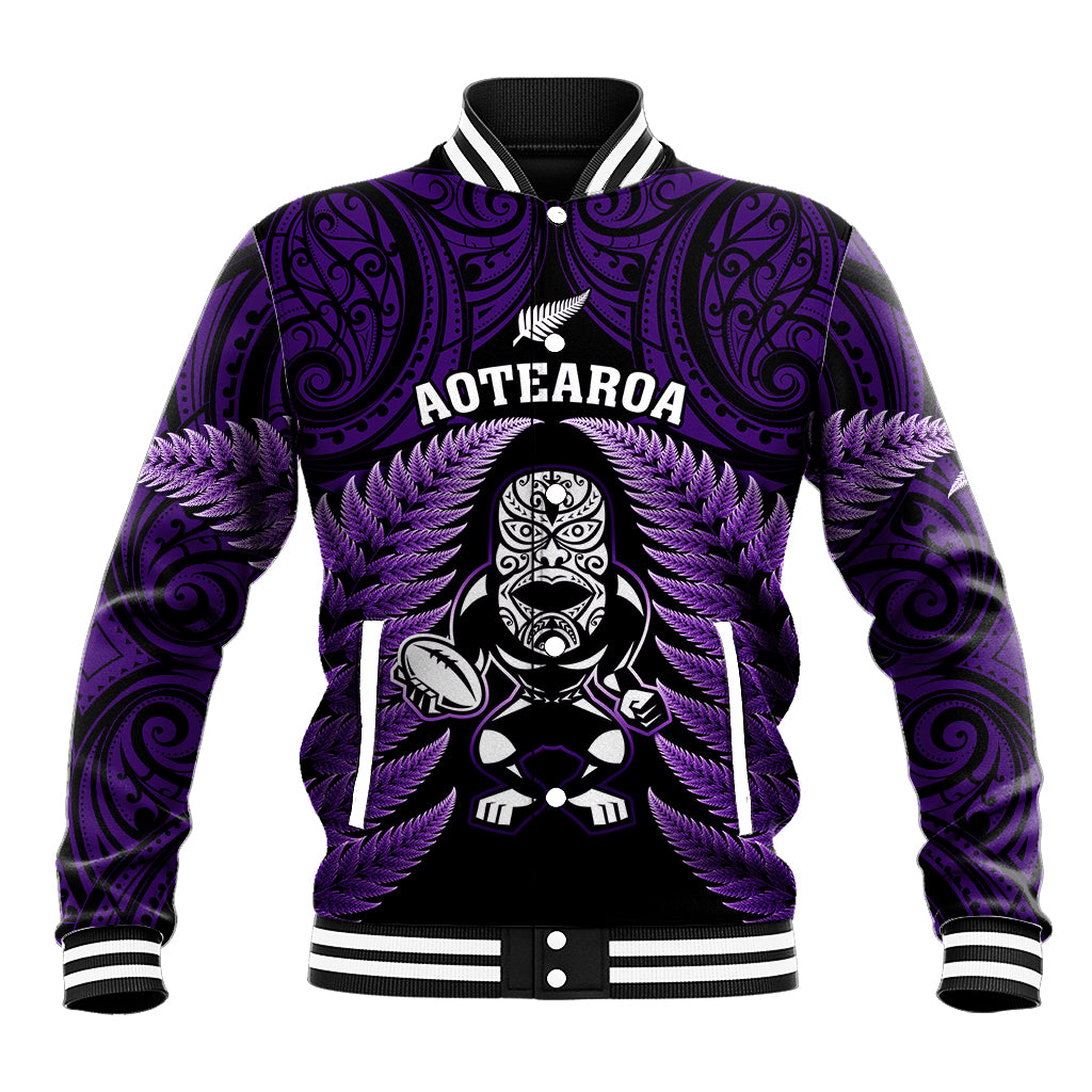 New Zealand Aotearoa Rugby Baseball Jacket NZ Tiki With Maori Fern World Cup Purple Version LT14 Unisex Purple - Polynesian Pride