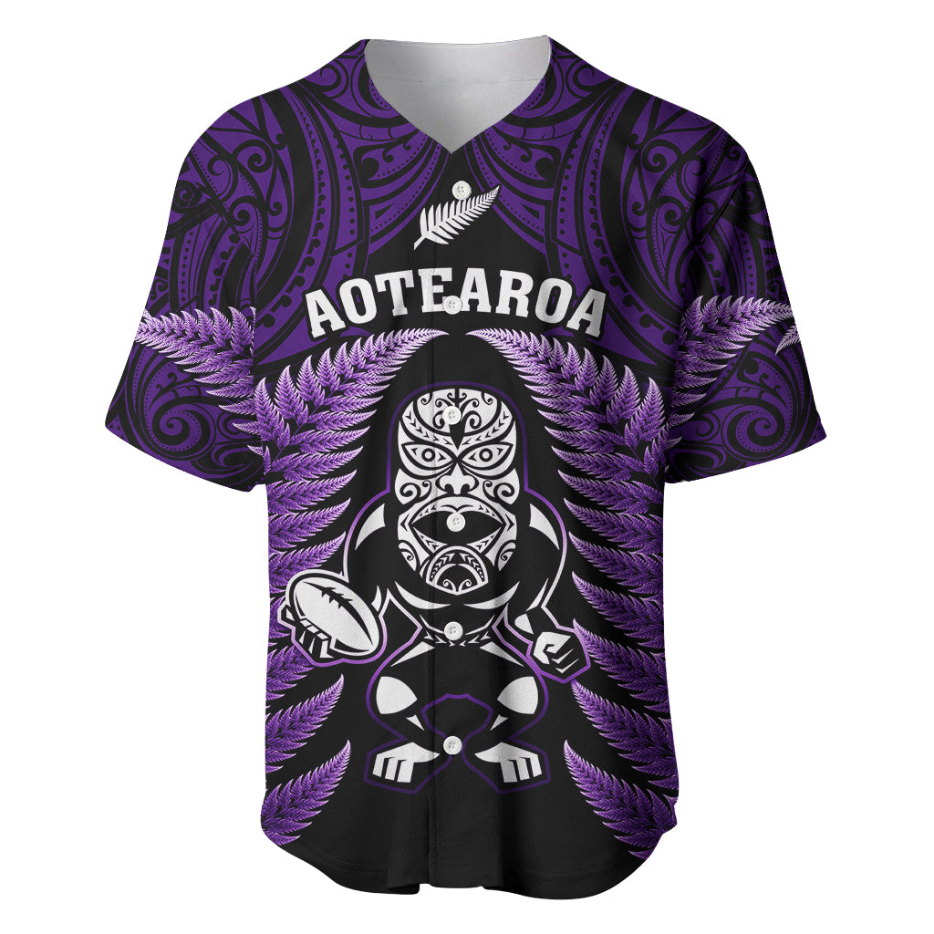 New Zealand Aotearoa Rugby Baseball Jersey NZ Tiki With Maori Fern World Cup Purple Version LT14 Purple - Polynesian Pride