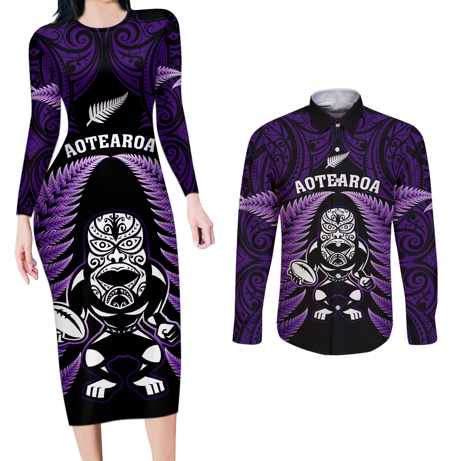 New Zealand Aotearoa Rugby Couples Matching Long Sleeve Bodycon Dress and Long Sleeve Button Shirts NZ Tiki With Maori Fern World Cup Purple Version LT14 Purple - Polynesian Pride