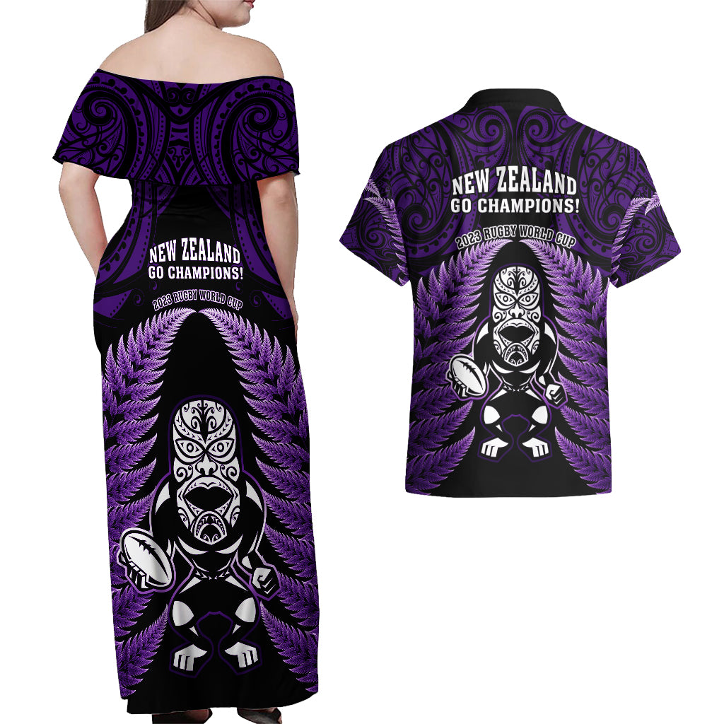 New Zealand Aotearoa Rugby Couples Matching Off Shoulder Maxi Dress and Hawaiian Shirt NZ Tiki With Maori Fern World Cup Purple Version LT14 - Polynesian Pride