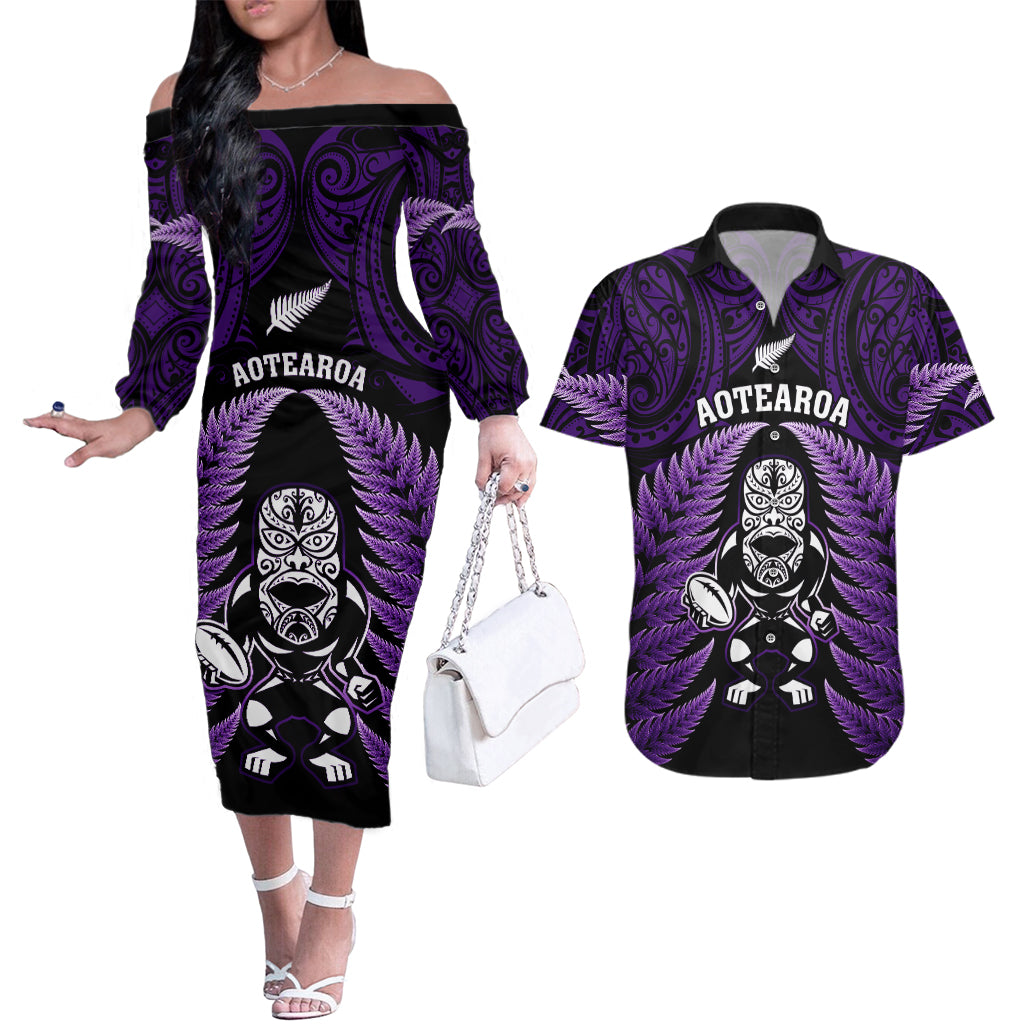 New Zealand Aotearoa Rugby Couples Matching Off The Shoulder Long Sleeve Dress and Hawaiian Shirt NZ Tiki With Maori Fern World Cup Purple Version LT14 Purple - Polynesian Pride