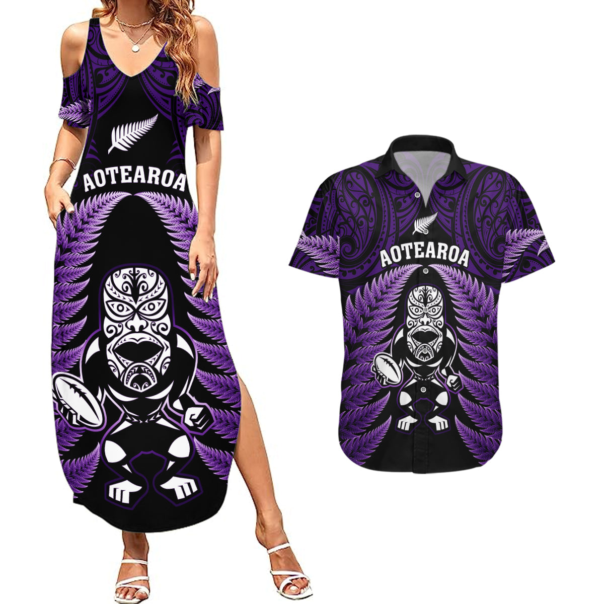 New Zealand Aotearoa Rugby Couples Matching Summer Maxi Dress and Hawaiian Shirt NZ Tiki With Maori Fern World Cup Purple Version LT14 Purple - Polynesian Pride