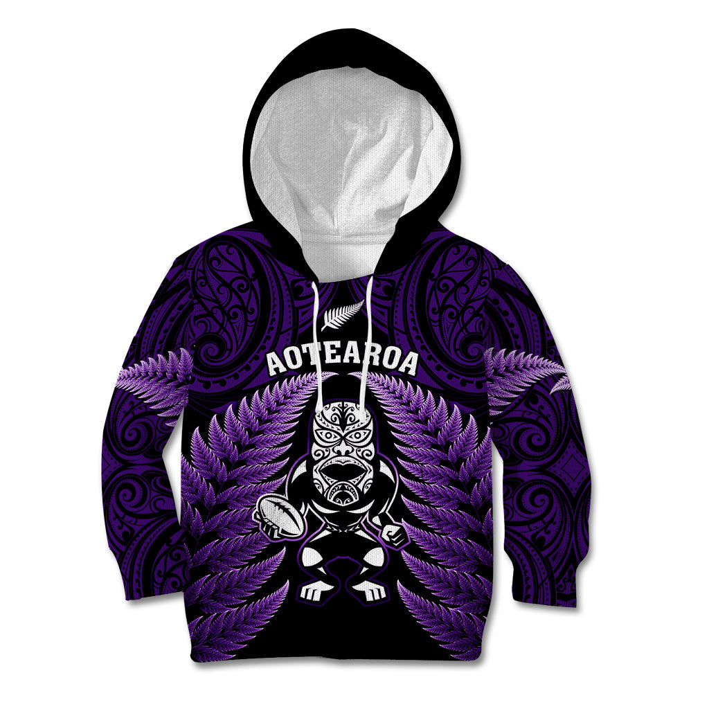 New Zealand Aotearoa Rugby Kid Hoodie NZ Tiki With Maori Fern World Cup Purple Version LT14 Hoodie Purple - Polynesian Pride