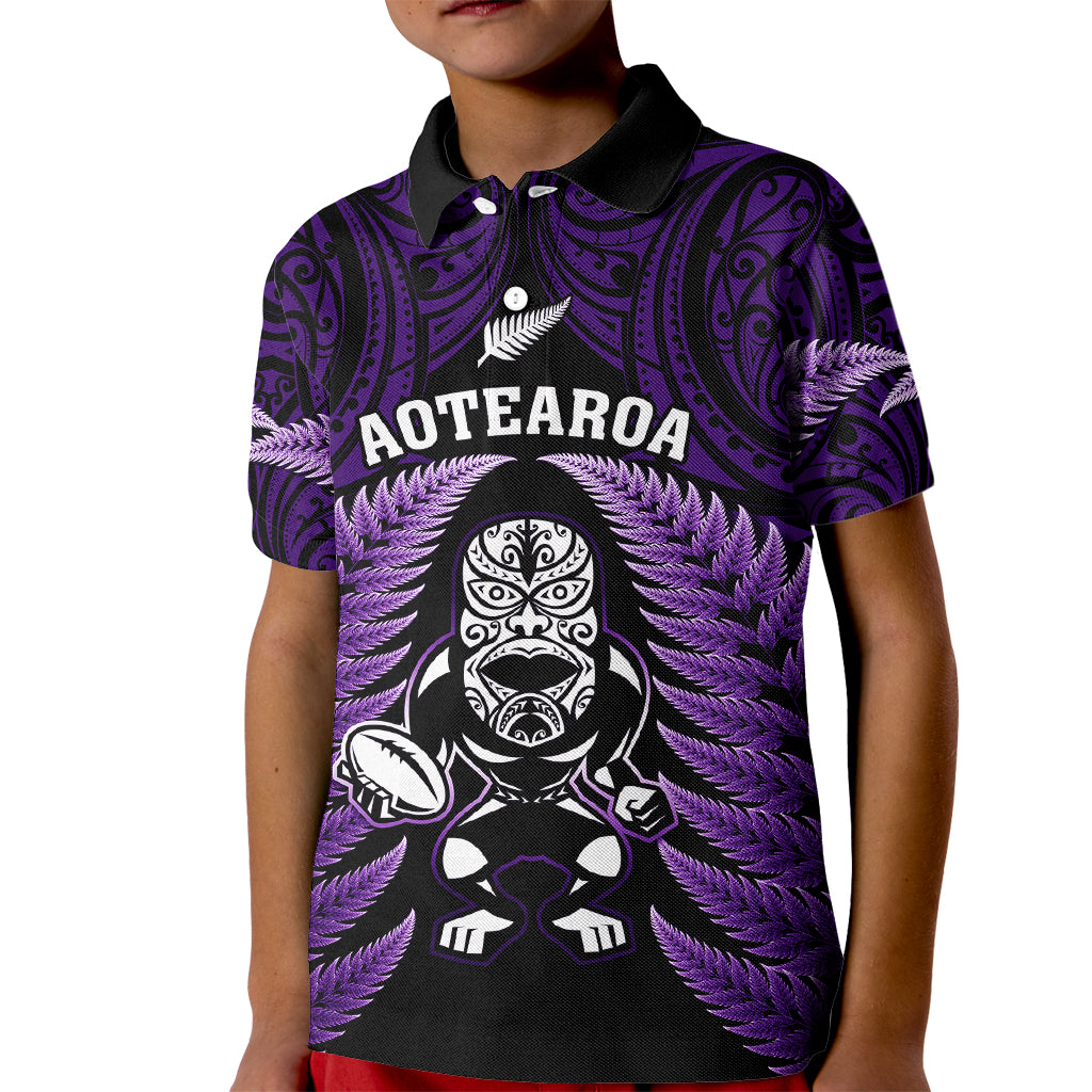 New Zealand Aotearoa Rugby Kid Polo Shirt NZ Tiki With Maori Fern World Cup Purple Version LT14 Kid Purple - Polynesian Pride