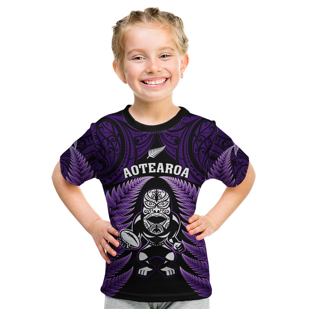 New Zealand Aotearoa Rugby Kid T Shirt NZ Tiki With Maori Fern World Cup Purple Version LT14 Purple - Polynesian Pride