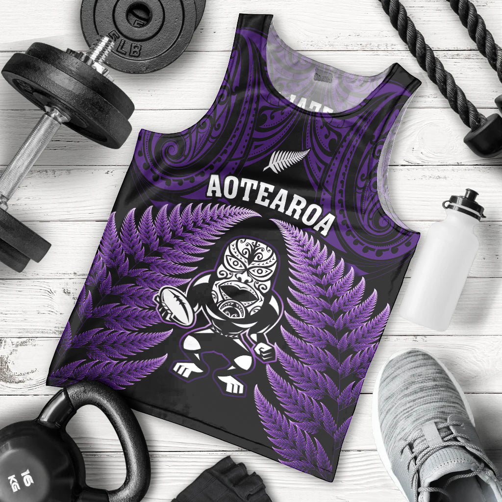 New Zealand Aotearoa Rugby Men Tank Top NZ Tiki With Maori Fern World Cup Purple Version LT14 Purple - Polynesian Pride