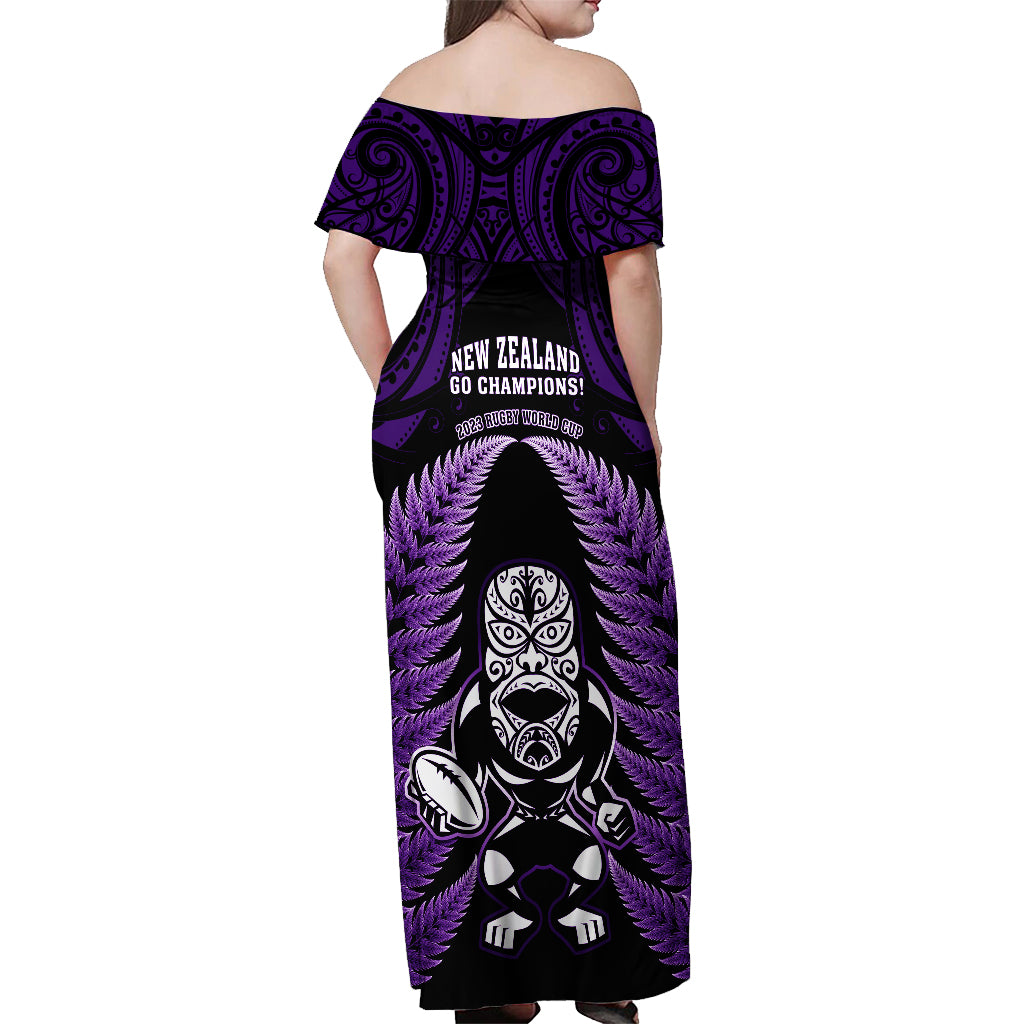 New Zealand Aotearoa Rugby Off Shoulder Maxi Dress NZ Tiki With Maori Fern World Cup Purple Version LT14 - Polynesian Pride