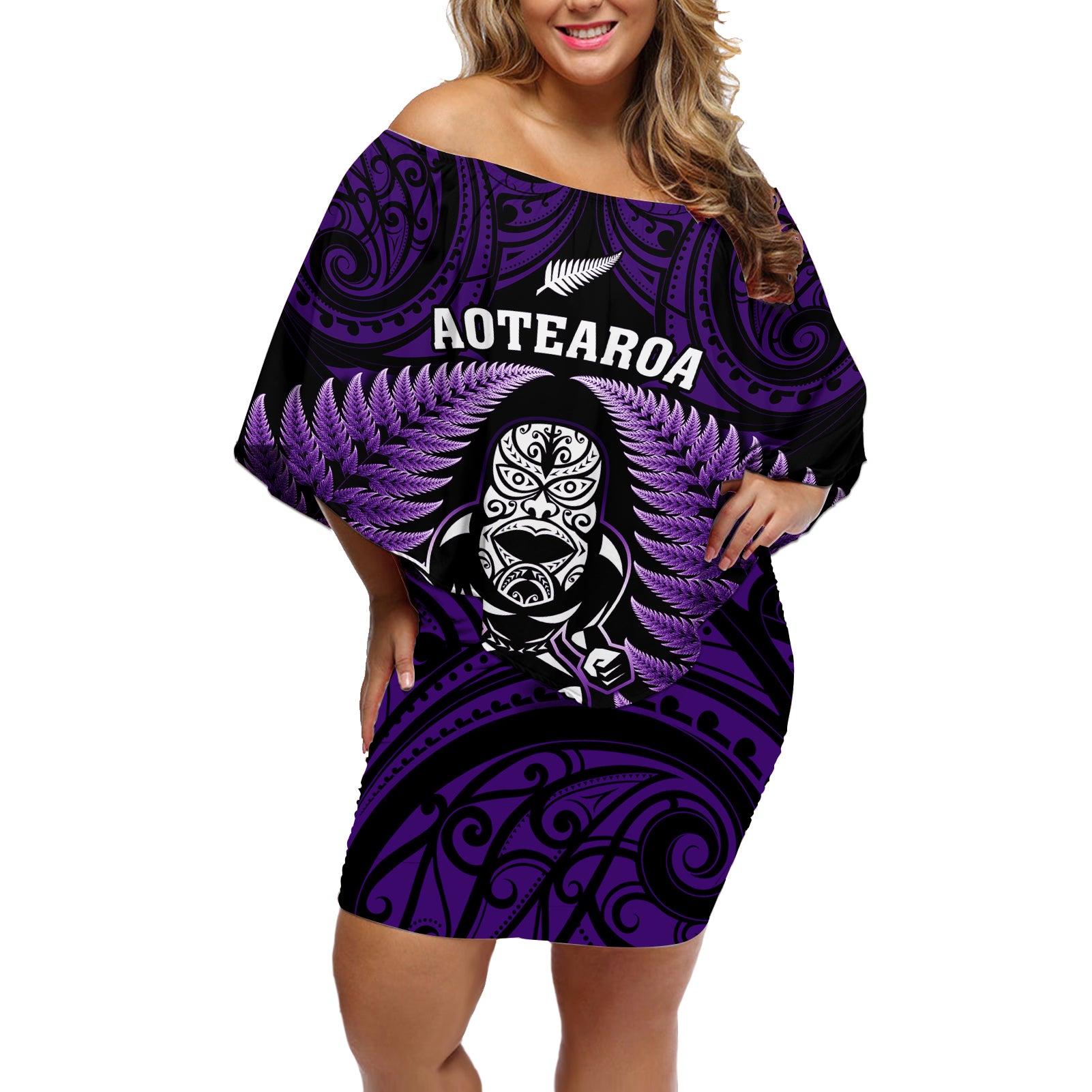 New Zealand Aotearoa Rugby Off Shoulder Short Dress NZ Tiki With Maori Fern World Cup Purple Version LT14 Women Purple - Polynesian Pride