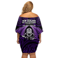 New Zealand Aotearoa Rugby Off Shoulder Short Dress NZ Tiki With Maori Fern World Cup Purple Version LT14 - Polynesian Pride