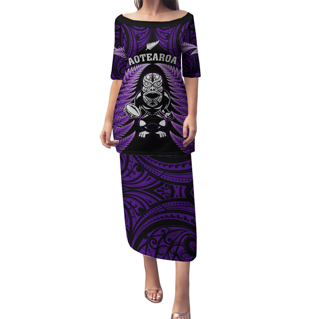 New Zealand Aotearoa Rugby Puletasi NZ Tiki With Maori Fern World Cup Purple Version LT14 Long Dress Purple - Polynesian Pride