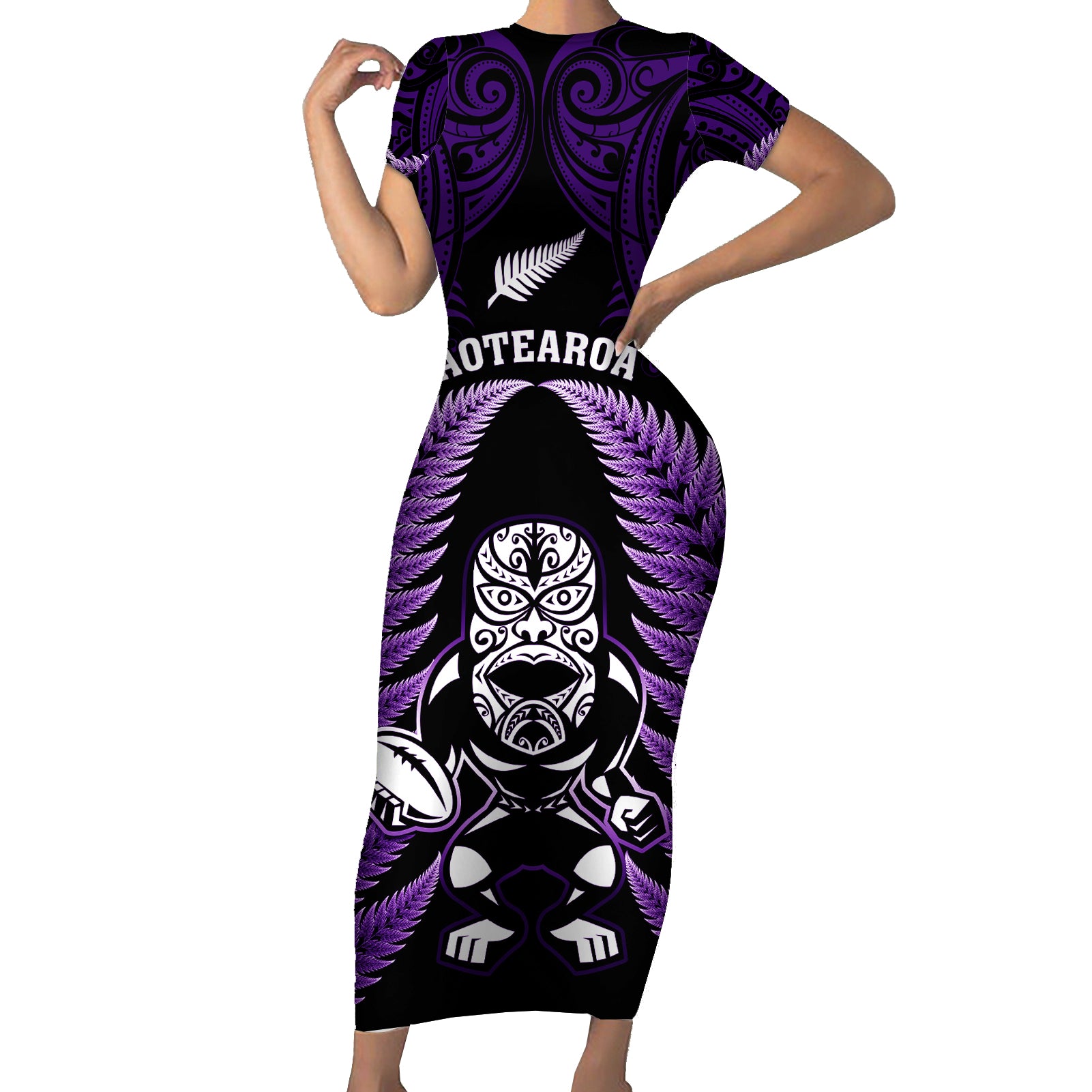 New Zealand Aotearoa Rugby Short Sleeve Bodycon Dress NZ Tiki With Maori Fern World Cup Purple Version LT14 Long Dress Purple - Polynesian Pride