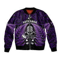New Zealand Aotearoa Rugby Sleeve Zip Bomber Jacket NZ Tiki With Maori Fern World Cup Purple Version LT14 Unisex Purple - Polynesian Pride