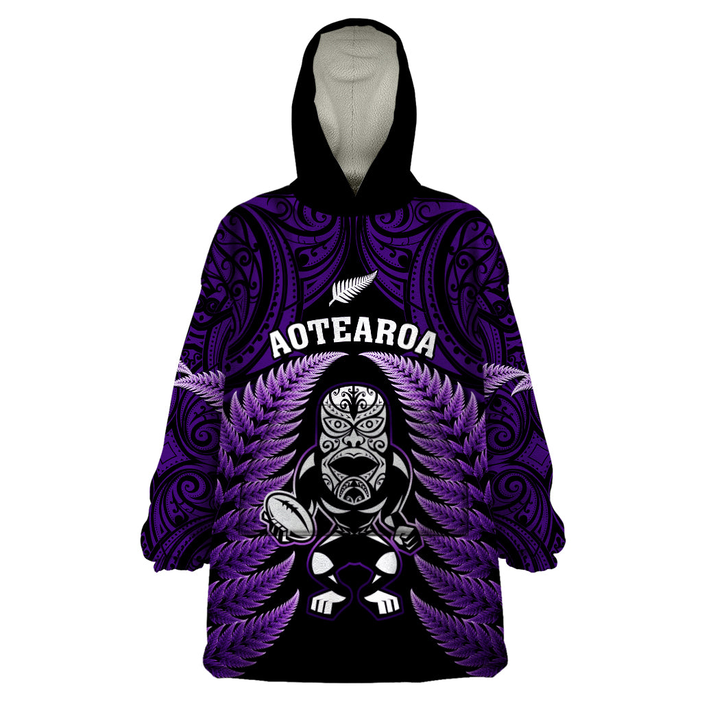 New Zealand Aotearoa Rugby Wearable Blanket Hoodie NZ Tiki With Maori Fern World Cup Purple Version LT14 One Size Purple - Polynesian Pride